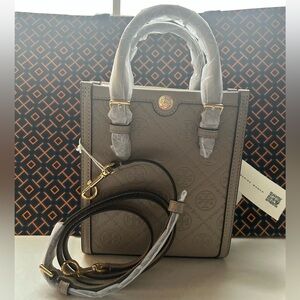 Tory Burch T Monogram Leather Mini Tote Bag Crossbody Bag Fresh Clay Gold Tan